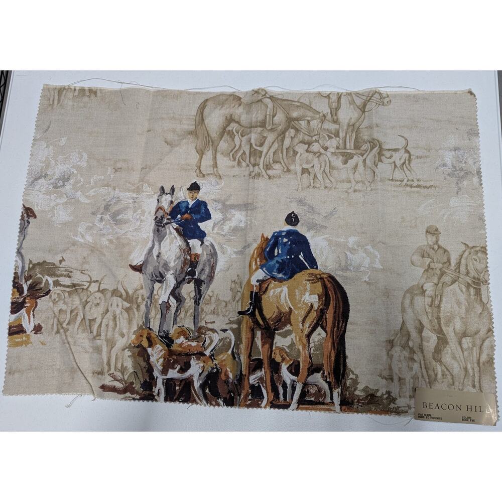 Linen Blend Beacon Hill Ride to Hounds Blue Eve Fabric Remnant 26 x 18 inches